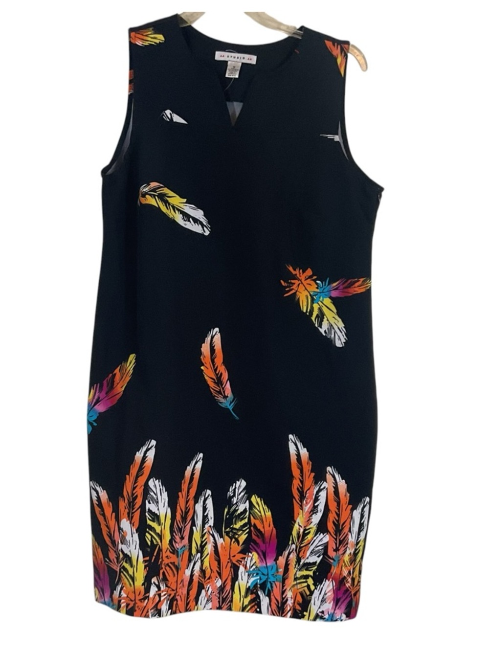 AA Studio AA Dress Womens 18 NWT Black Feather Print Sleeveless Shift Knee Lengt